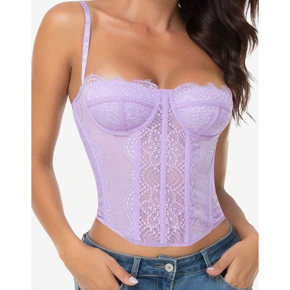 Lavender Lace Corset Top Bustier Underwire Crop Purple XS 2